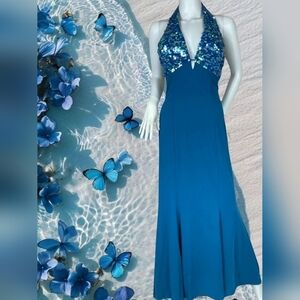 NIKI By Niki Livas Teal Sequin Halter Gown